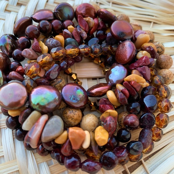 Natural Dark Red Garnet & Gold Jasper Mookaite Mix Gemstone Bead Bracelet Stack - Picture 2 of 11
